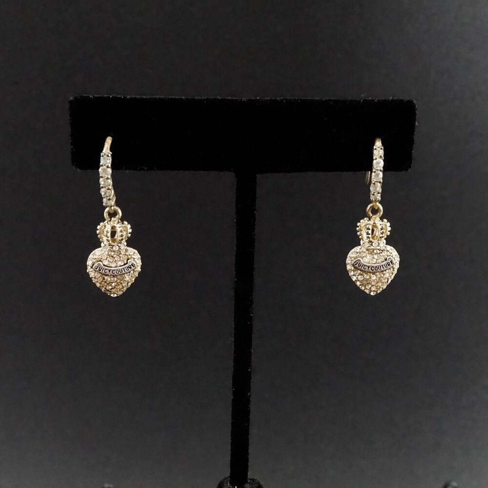Juicy Couture Heart Rhinestone Crown Drop Earrings Gold Tone Y2K Preppy